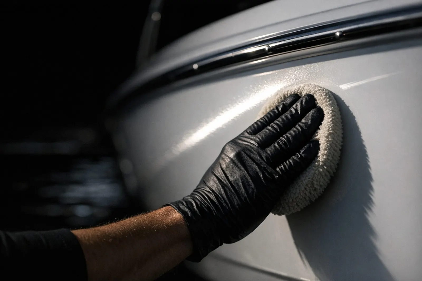 Gloved hand buffing the white gelcoat flank of a boat hull
